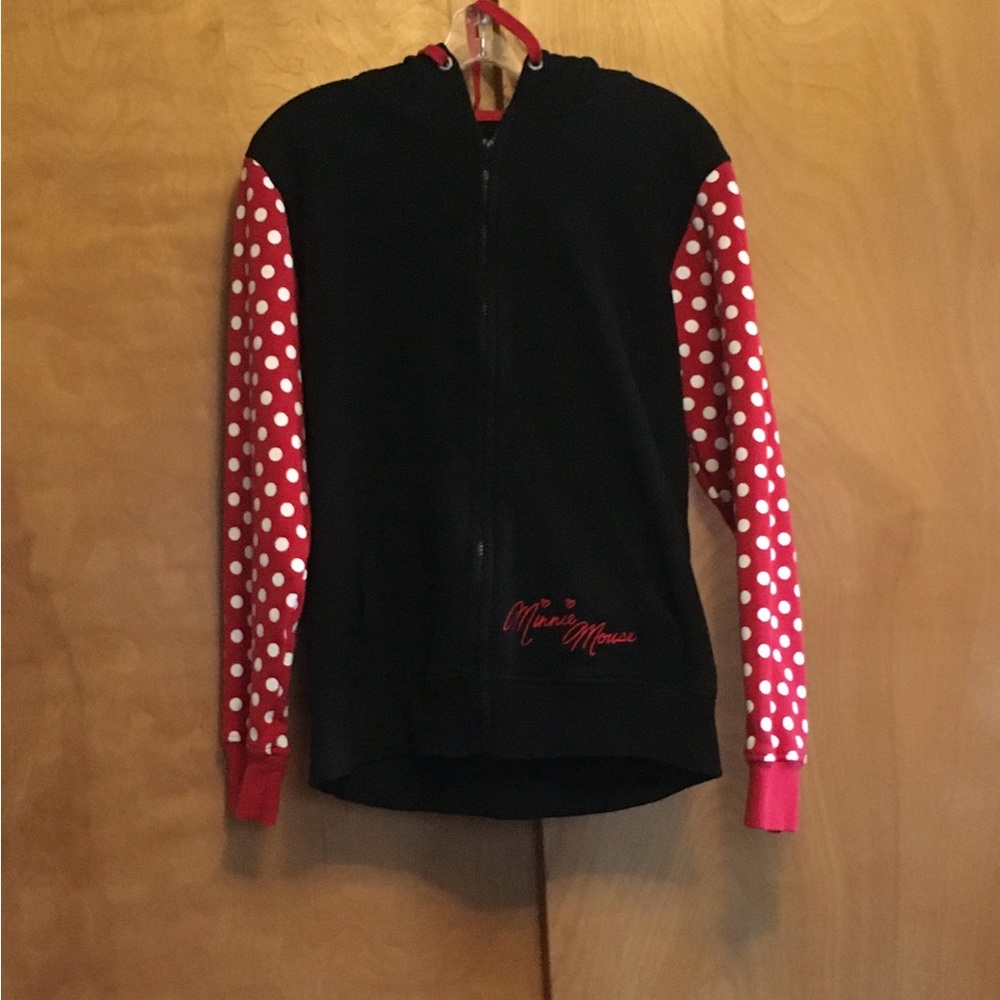 Minnie Mouse Disney red polka dot and black zip front hoodie/sweatshirt.